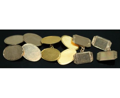 Three pairs of cufflinks,two hallmarked 9ct gold and the other pair marked '9ct', gross wt. 16.12g.  Condition - good, no dam