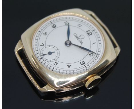 A 1930s hallmarked 9ct gold Omega wristwatch having signed silver tone dial with Arabic numerals, leaf hands and seconds subs
