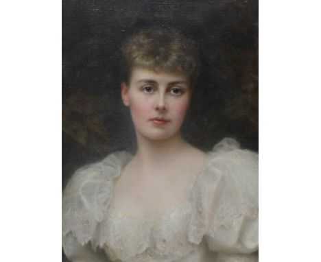 Edward Hughes (British 1832-1908), mid length portrait depicting a young lady wearing a white gown, oil on canvas (laid on bo
