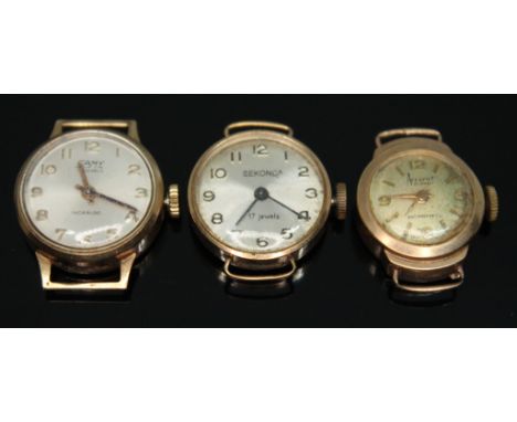 Three hallmarked 9ct gold manual wind ladies wristwatches to inlcude an Accurist, a Sekonda and a Camy, gross weight of cases