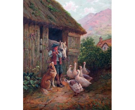 Albert Dungton (British, 1860-1928), boy playing flute to animals, oil on canvas, 37cm x 48cm, signed and dated 1921 lower le