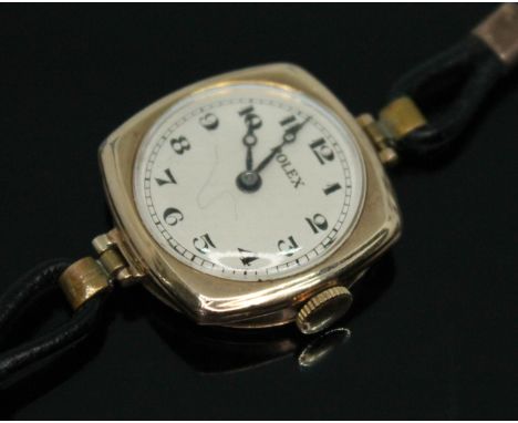 A 1920s 9ct gold Rolex 15 jewel manual wind ladies wristwatch having signed guilloche dial with Arabic numerals and breguet h