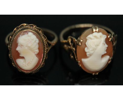 Two shell cameo rings, both marked '9ct', gross wt. 5.01g, sizes K &amp; M.  Condition - good, minor wear only.