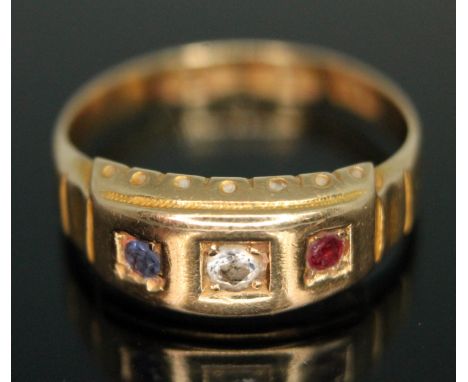 A Victorian 18ct gold ring set with a blue, red and colourless stones, sponsor's mark 'H&amp;S' Chester 1897, gross wt. 3.08g