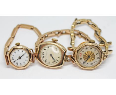 Three early 20th century 9ct gold ladies wristwatches comprising a Walker &amp; Hall hallmarked 9ct gold watch on flexi strap
