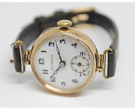 A 1920s 9ct gold Rolex Rolwatco ladies wristwatch having signed white enamel dial, Arabic numerals, kite style hands and seco
