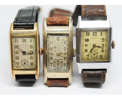 Three Art Deco tank style wristwatches comprising a rolled gold West End Watch Co Secundus, a Judex Standard and an unsigned 