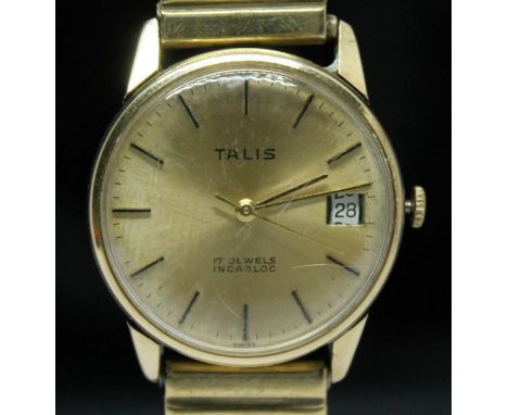 A vintage hallmarked 9ct gold Talis wristwatch with signed gold tone dial, hour batons and date aperture at 3 o'clock, 32mm s