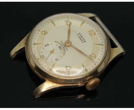 A 1950s hallmarked 9ct gold Fortex wristwatch with signed dial having Arabic numerals, gold tone indices and seconds subsidia