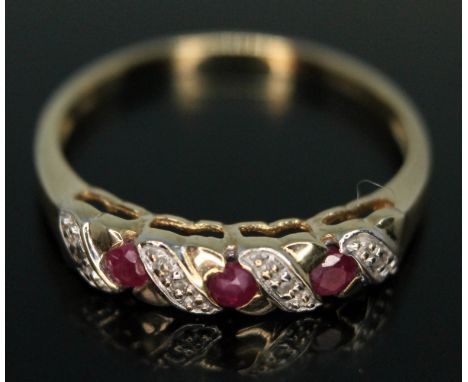 A hallmarked 9ct gold diamond and ruby ring, gross wt. 1.81g, size S.&nbsp;Condition - good, no damage/repair, general wear o
