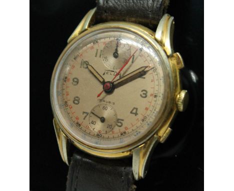 A 1940s/50s gold plated Telda chronograph manual wind wristwatch having signed coppered dial with Arabic numerals, syringe ha