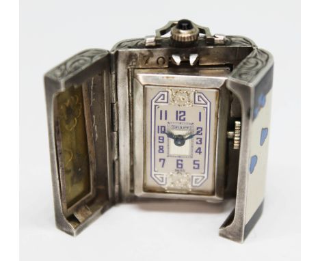 An interesting Silver and Enamel Art Deco miniature travel clock or purse watch by Grant watch Co, the 36 x 24mm case decorat