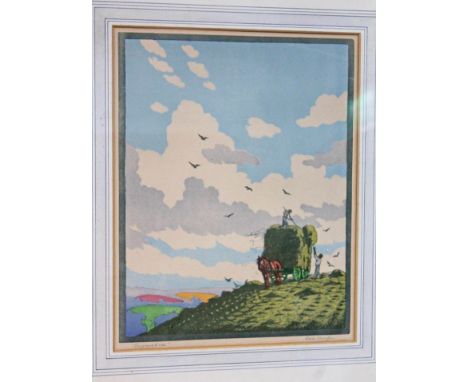 John Hall Thorpe (British 1874-1947), "Haymakers", wood cut print in colours, 26.5cm x 33cm, signed and titled in pencil, gla