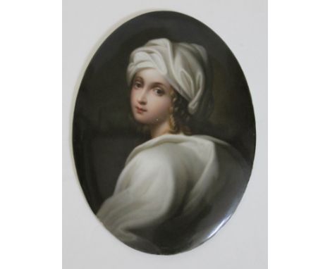A 19th century KPM oval porcelain plaque, finely painted portrait depicting Beatrice Cenci after Guido Reni, impressed 'KPM',