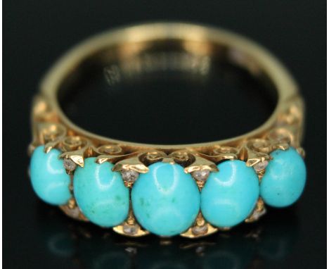 A Victorian turquoise and diamond ring, scroll setting, marked '18c', gross wt. 4.83g, size N.  Condition - slight repair to 