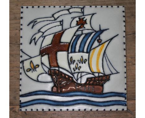 A Pilkington's 6" tile with tube lined decoration depicting a galleon.  Condition - ery good, light crazing and a minor nibbl