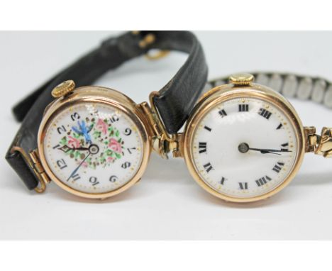 Two early 20th century 9ct gold ladies wristwatches comprising a Vesta 15 jewel manual wind with floral painted white enamel 