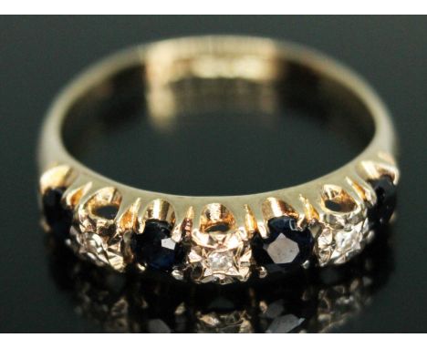 A hallmarked 9ct gold diamond and sapphire ring, gross wt. 2.31g, size P.  Condition - good, minor wear, no evidence of re-si