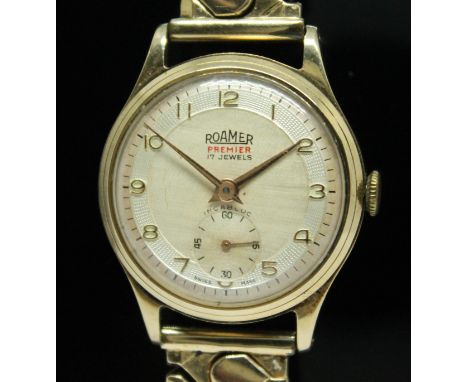 A 1950s hallmarked 9ct gold Roamer Premier, the signed dial with Arabic numerals, dauphine hands and seconds subsidiary dial 