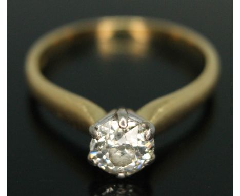 A diamond solitaire ring, the six claw set old European slightly oval cut stone weighing approx. 1.09 carats (estimated), hal