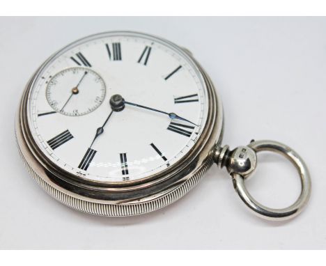 A Victorian hallmarked silver pocket watch having white enamel dial, Roman numerals, spade hands and seconds subsidiary dial 