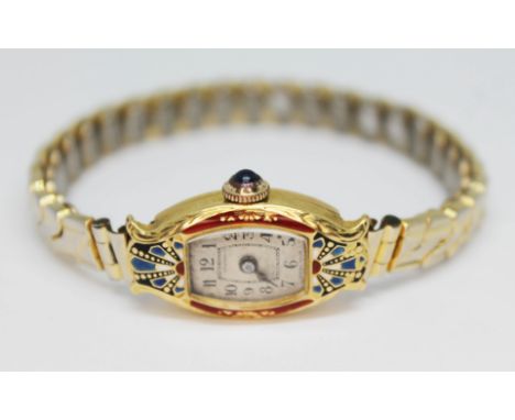 An early 20th century French 18ct gold and enamel inlaid ladies 15 jewel manual wind wristwatch, the dial signed 'Studio' and