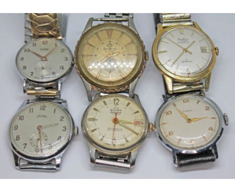 A collection of six vintage wristwatches comprising a gold plated Mustang Countrymaster 15 jewel manual wi 21 jewel manual wi