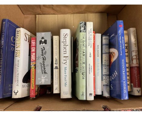 Box of modern signed first edition books, by Stephen Fry, Alexander Stuart, Tony Parsons, Robert Elms and others. (15)