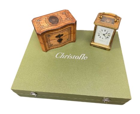 Chrisofle cased desk set, together with 19th century rosewood inlaid jewellery box and a carriage clock