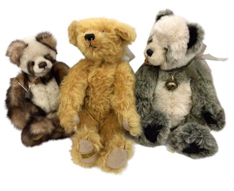 Charlie Bear Nicola, Cloth Ears and Anniversary Mia, Steiff Bear 660337, Merrythought Aristocrat Bear and a spotty dog.