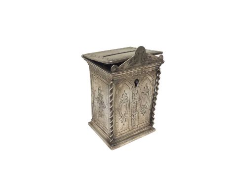 Late 19th century German silver (800 standard) money box with engraved decoration and dated 14th February 1897, with lock, ma