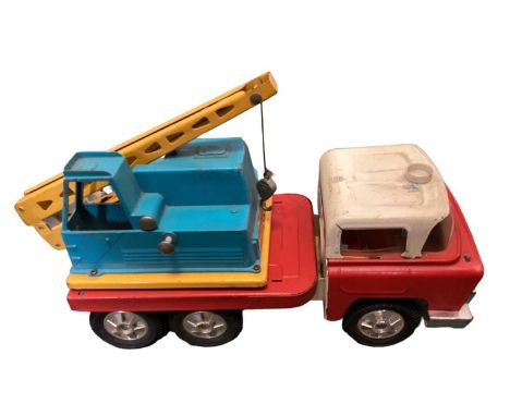 Triang tin plate lorries including two open bed trucks, Jib Crane truck, Cab &amp; Chasis plus MarX BRS Express Servives Tipp