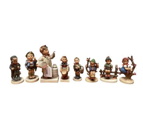 Collection of 16 Hummel figurines including Soldier Boy, Little Pharmasist, Chimney Sweep, Home From Market, Baker and Be Pat