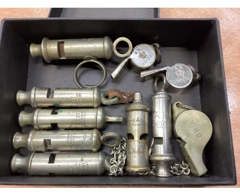 Collection of Vintage Military and Railway marked whistles (10)