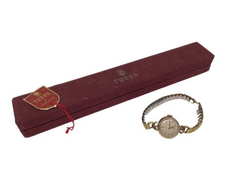 Tudor 9ct gold cased ladies vintage wristwatch on expandable plated bracelet, in a Tudor watch case