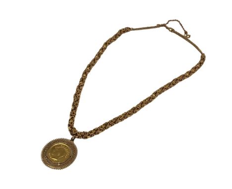 Iranian gold coin in pendant mount on yellow metal fancy link chain, 49.5cm longTotal weight 66.8 grams