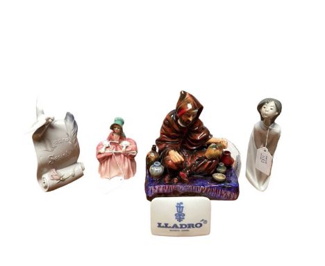 Two Royal Doulton figures - The Potter HN1493 and Bo Peep, together with a Lladro figure and two Lladro plaquesAll in good co