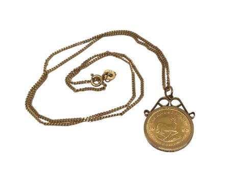 Gold 1/10 Krugerrand, 1980, in 9ct gold pendant mount on 9ct gold chainTotal weight 6.8 grams