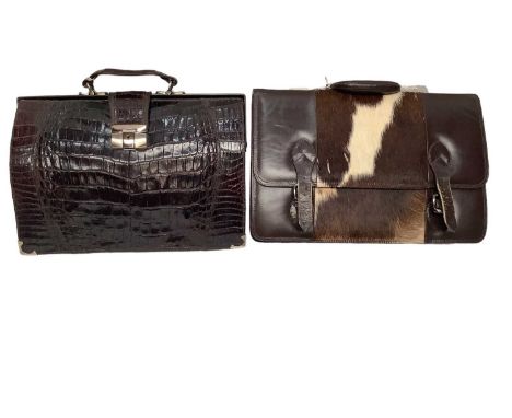 Vintage crocodile leather suitcase, vintage brown leather suitcase, crocodile leather briefcase with lock and key and a leath