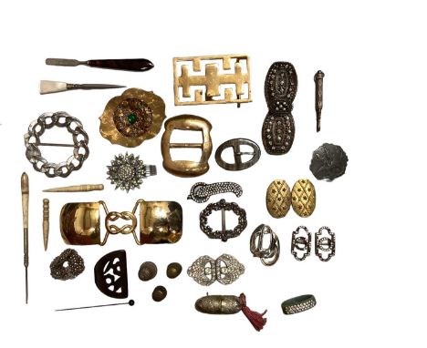 Vintage buckles including enamelled and paste set, mother of pearl buttons, needle cases, pins and other sewing accessories
