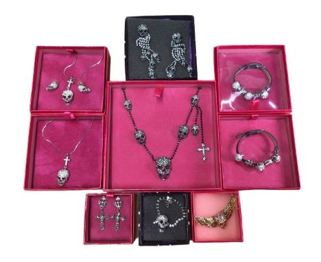 Collection of ten 1980s Butler &amp; Wilson diamanté novelty skull jewellery including necklaces, bracelets, earrings and a b