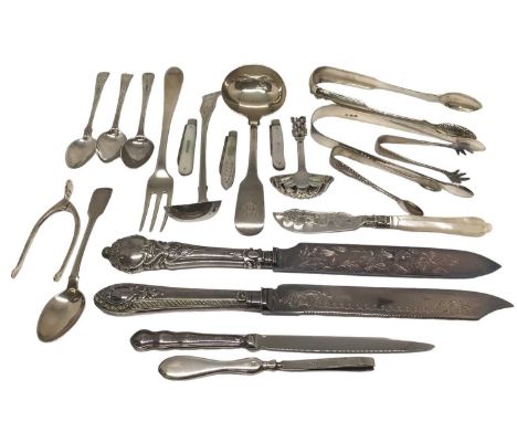 Collection of silver items to include Scottish silver sugar tongs, silver and mother of pearl fruit knives, George IV Scottis
