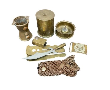 First World War brass Trench Art ashtray, two brass button polishers, tobacco jar and other militaria (1 box).