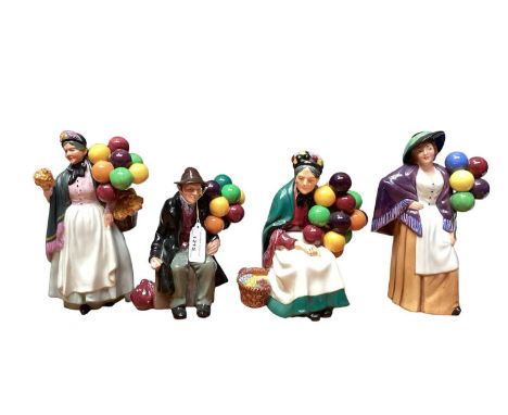 Seven Royal Doulton figures - The Balloon Man HN1854, Balloon Lady HN2935, The Old Balloon Seller HN1315, Biddy Pennyfarthing