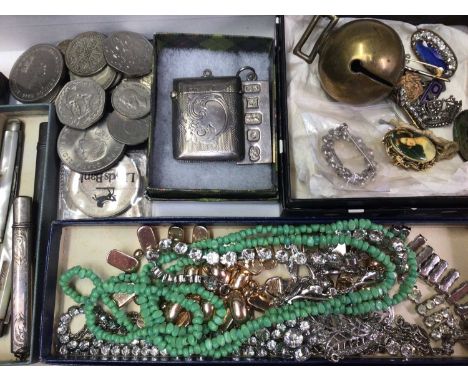 Group of vintage costume jewellery, paste set necklaces and brooches, silver ingot pendant, various coins, two silver pencil 