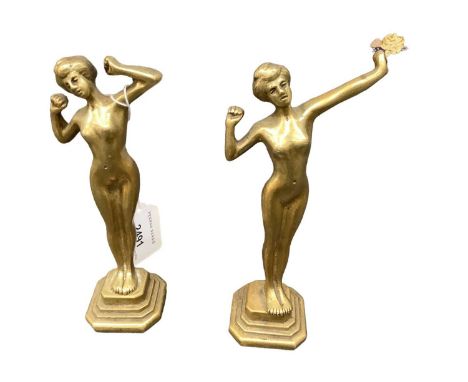 Two Art Deco brass female nude figures, 16cm high