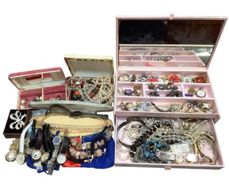 Group of costume jewellery including silver charm bracelet, silver bangle, bead necklaces, various wristwatches and bijouteri