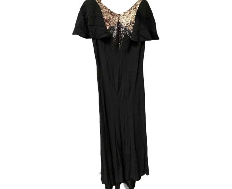 Vintage black crepe bias cut evening dress with grey and silver sequins with another vintage evening dress matching belt and 