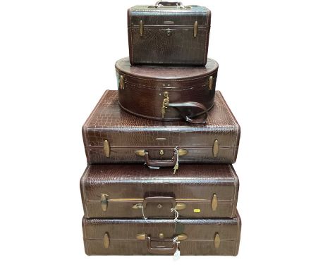 Group of vintage 1950s/60s Samsonite faux crocodile luggage, including three suitcases, a hatbox and a vanity case, all with 