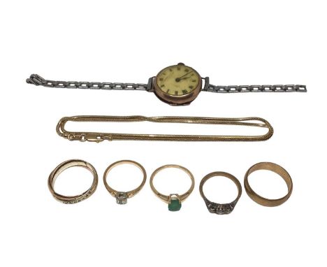 Diamond single stone ring, diamond three stone ring, three 9ct gold rings, 9ct gold chain and a vintage 9ct gold cased wristw